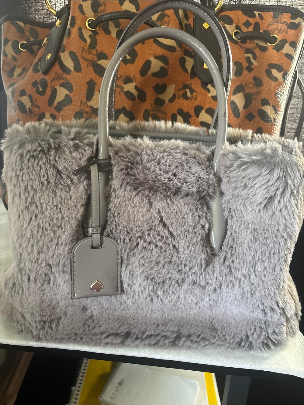 kate spade Gray Faux Fur Tote with Leather Handles